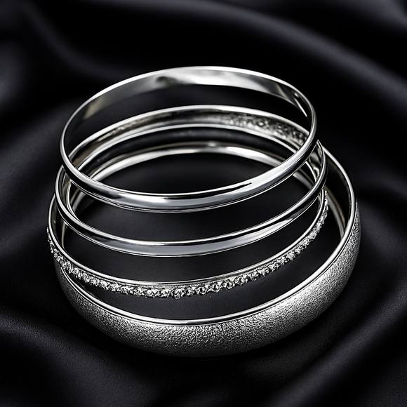 Set of 5 Textured Silver tone Bold Bangle Bracelets - Women's Fashion Jewelry - Picture 1 of 8